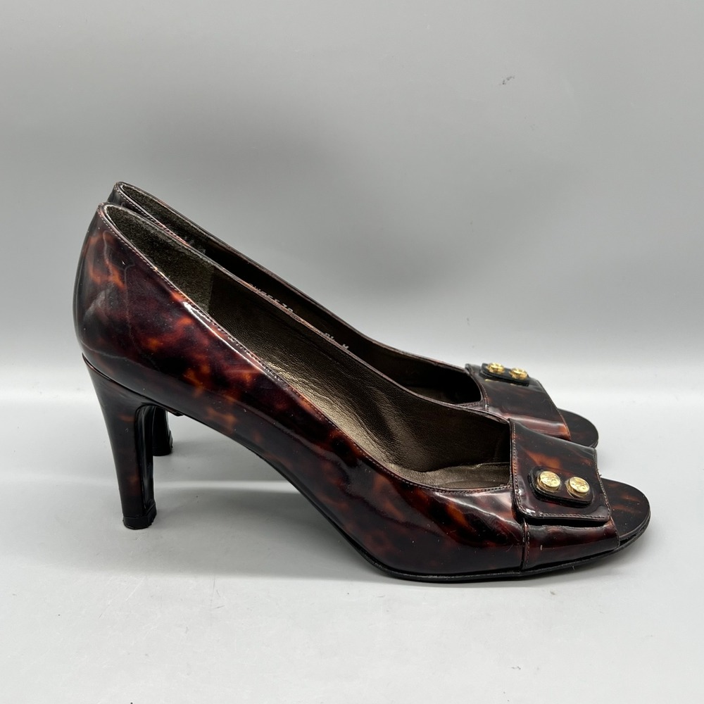 Stuart Weitzman Shoes Women 9.5 Brown Patent Leather Tortoise Peep Toe Pumps